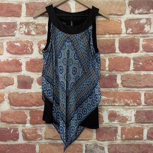 AB Studio Blouse Women's XL Blue Sleeveless Geometric Handkerchief Hem Tunic Top